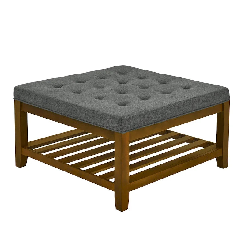 Tavolino Imbottito, Pouf Grande Quadrato in Lino Tufted con Scaffale e Struttura in Legno di Faggio, Pouf Contenitore Maxi