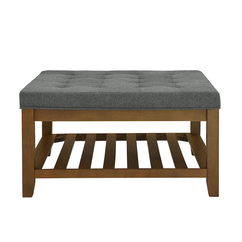 Tavolino Imbottito, Pouf Grande Quadrato in Lino Tufted con Scaffale e Struttura in Legno di Faggio, Pouf Contenitore Maxi