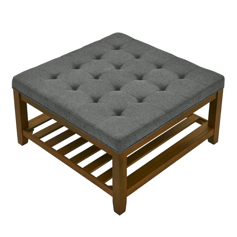 Tavolino Imbottito, Pouf Grande Quadrato in Lino Tufted con Scaffale e Struttura in Legno di Faggio, Pouf Contenitore Maxi