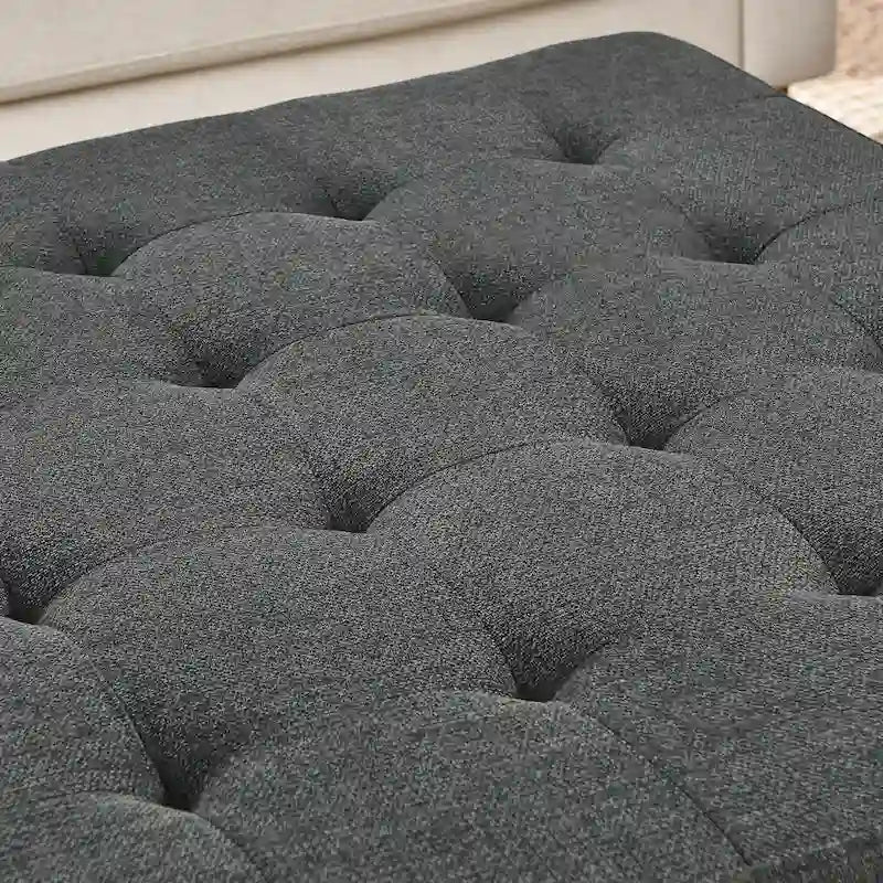 Tavolino Imbottito, Pouf Grande Quadrato in Lino Tufted con Scaffale e Struttura in Legno di Faggio, Pouf Contenitore Maxi