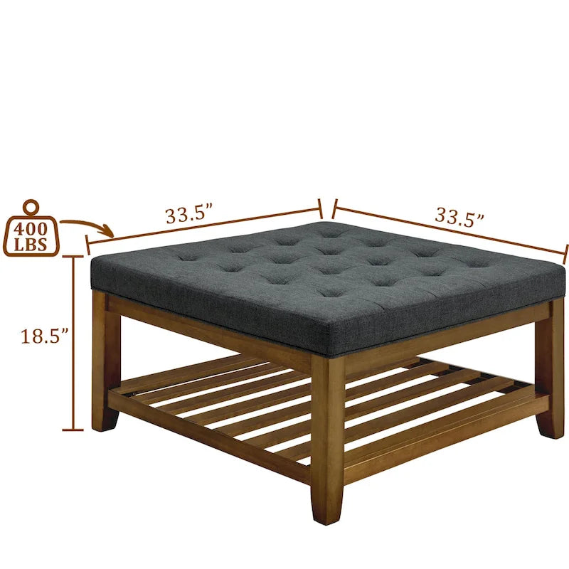 Tavolino Imbottito, Pouf Grande Quadrato in Lino Tufted con Scaffale e Struttura in Legno di Faggio, Pouf Contenitore Maxi