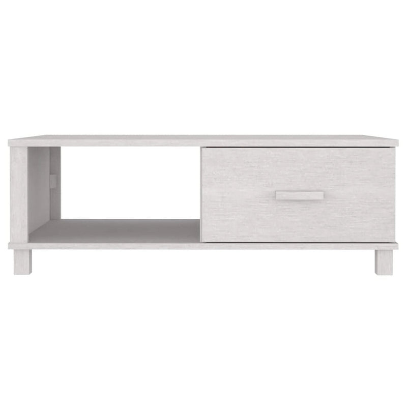 Tavolino da salotto, rettangolare, cassetto portaoggetti, legno massello di pino bianco