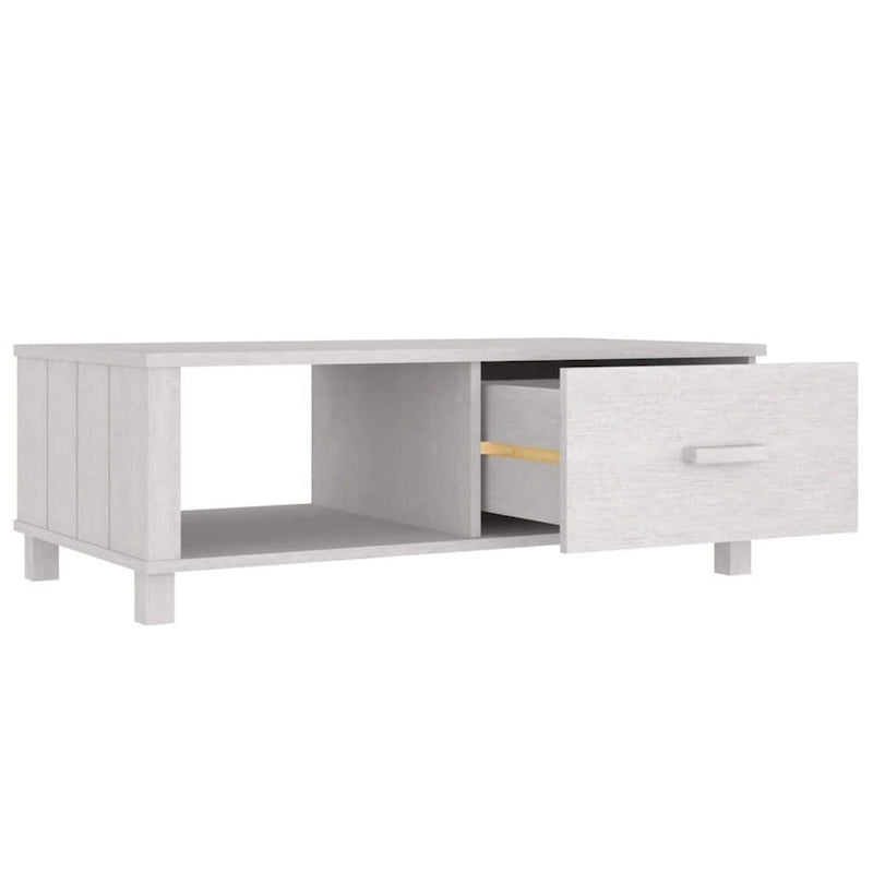 Tavolino da salotto, rettangolare, cassetto portaoggetti, legno massello di pino bianco