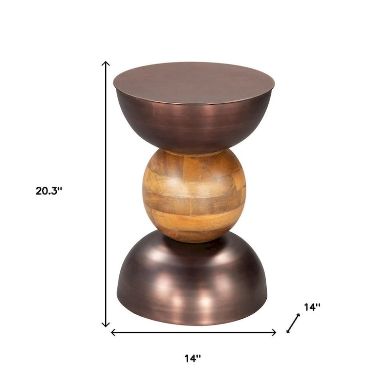HomeRoots Tavolino rotondo con piedistallo in ferro bronzo e marrone e legno massello 20 - 14' X '20.3' X '14