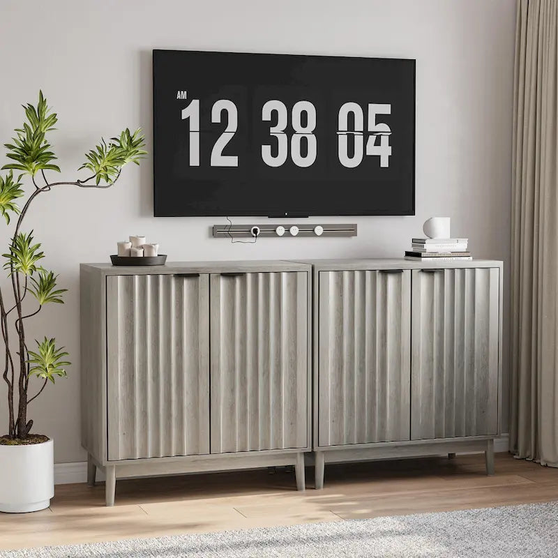 Mobile credenza scanalato, credenza a buffet freestanding grigio lavato con ripiano regolabile, mobiletto in legno