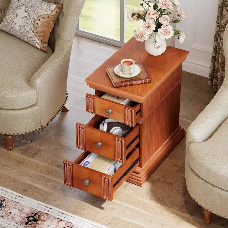 Tavolino stretto con 3 cassetti, tavolino laterale vintage per divano