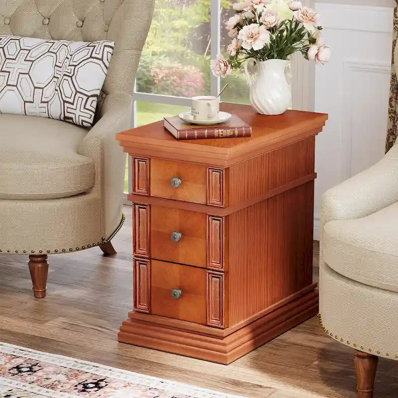 Tavolino stretto con 3 cassetti, tavolino laterale vintage per divano