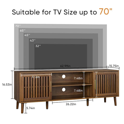 Meuble TV de 160 cm avec 2 portes à persiennes et étagère de rangement réglable, Meuble TV moderne médiéval avec espace de rangement
