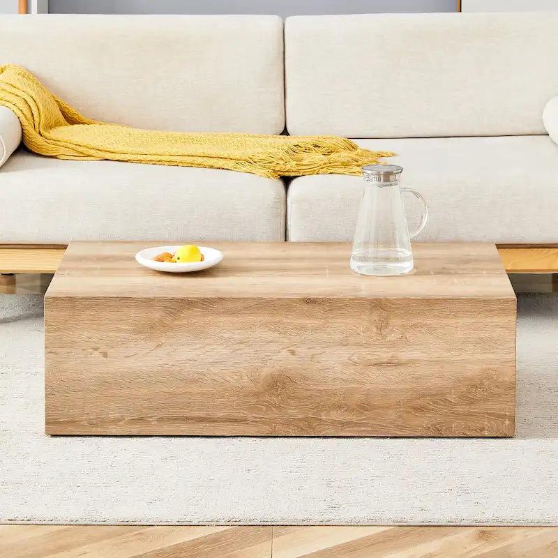 Tavolino da caffè rettangolare moderno con base solida, tavolino da centro in legno con texture effetto marmo per soggiorno