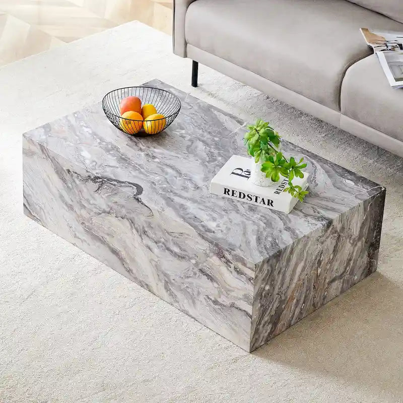 Tavolino da caffè rettangolare moderno con base solida, tavolino da centro in legno con texture effetto marmo per soggiorno