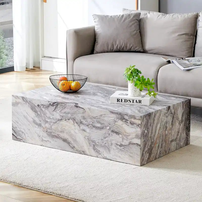 Tavolino da caffè rettangolare moderno con base solida, tavolino da centro in legno con texture effetto marmo per soggiorno
