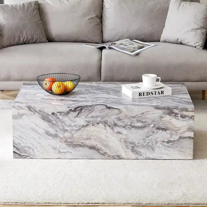 Tavolino da caffè rettangolare moderno con base solida, tavolino da centro in legno con texture effetto marmo per soggiorno