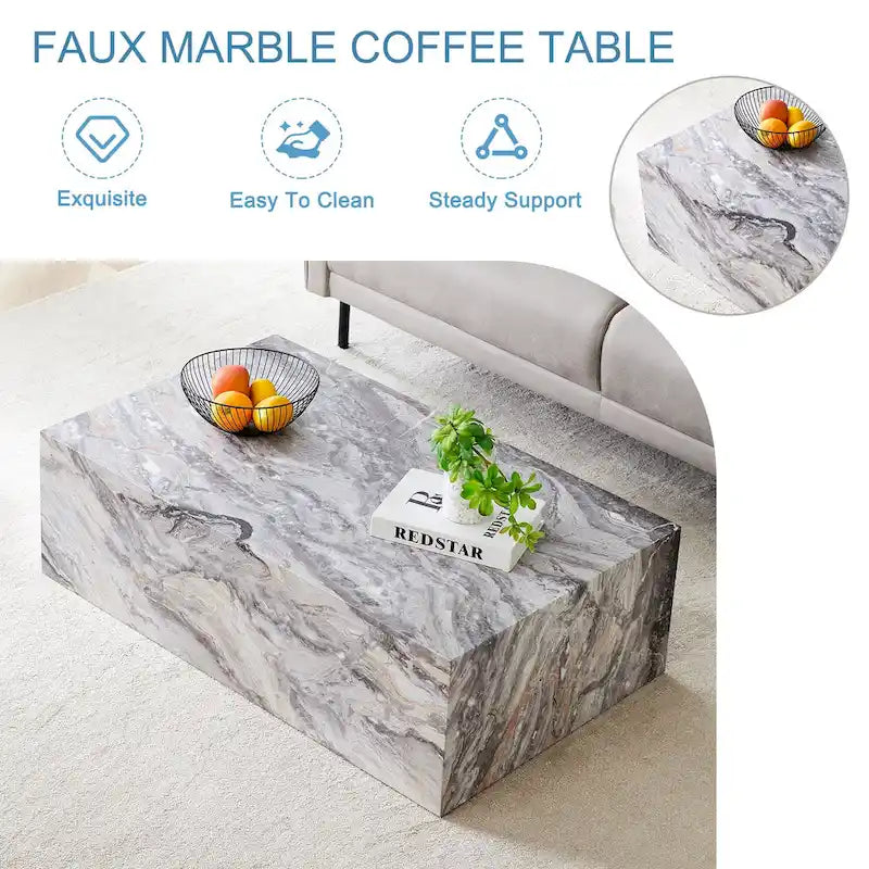 Tavolino da caffè rettangolare moderno con base solida, tavolino da centro in legno con texture effetto marmo per soggiorno
