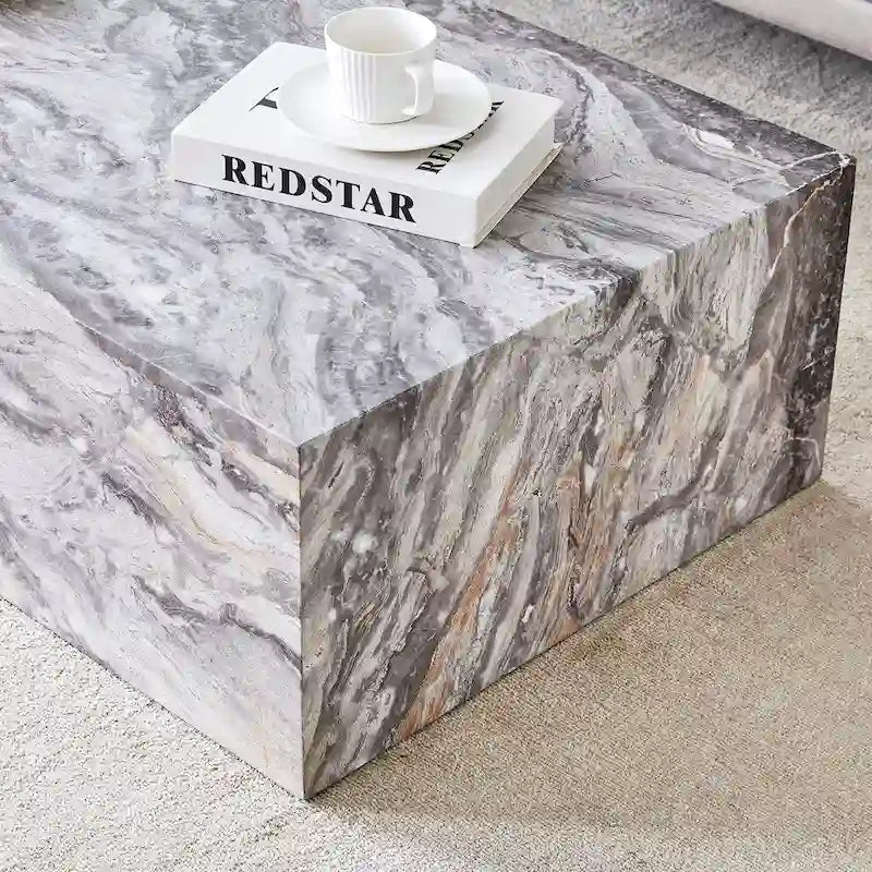 Tavolino da caffè rettangolare moderno con base solida, tavolino da centro in legno con texture effetto marmo per soggiorno