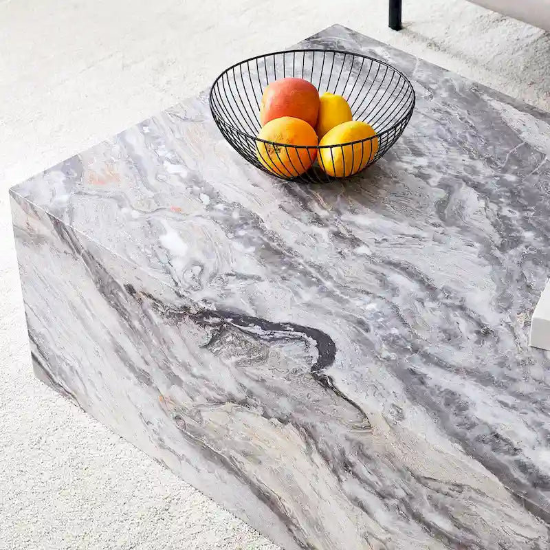 Tavolino da caffè rettangolare moderno con base solida, tavolino da centro in legno con texture effetto marmo per soggiorno