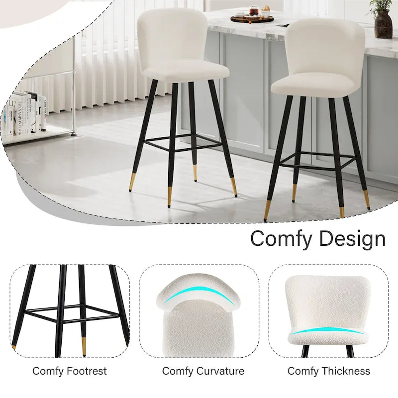 Roomfitters Sgabello da bar moderno 30, Sedile bianco con gambe in metallo nero e punte dorate, Sedia da bar contemporanea, Bianco
