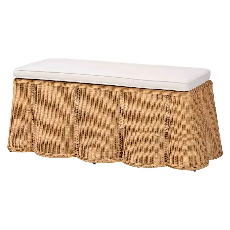 Pouf ottomano in rattan naturale Palm Scallop con cuscino - Panca in vimini intrecciata a mano per soggiorno o camera da letto, stile Boho costiero, rettangolare