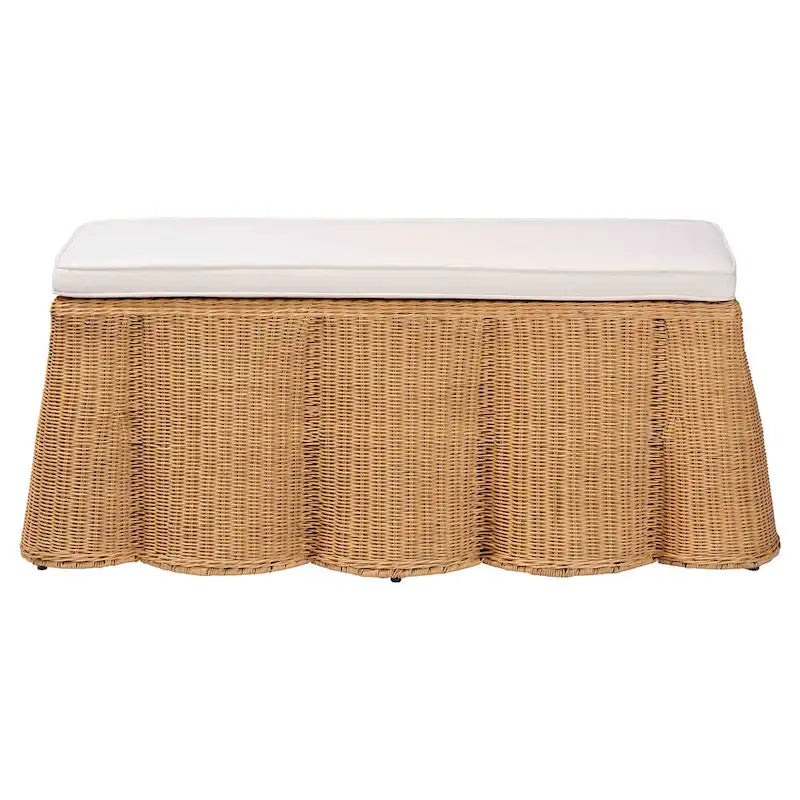 Pouf ottomano in rattan naturale Palm Scallop con cuscino - Panca in vimini intrecciata a mano per soggiorno o camera da letto, stile Boho costiero, rettangolare