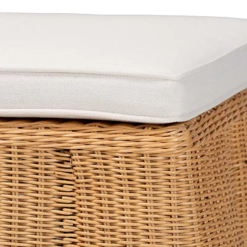 Pouf ottomano in rattan naturale Palm Scallop con cuscino - Panca in vimini intrecciata a mano per soggiorno o camera da letto, stile Boho costiero, rettangolare