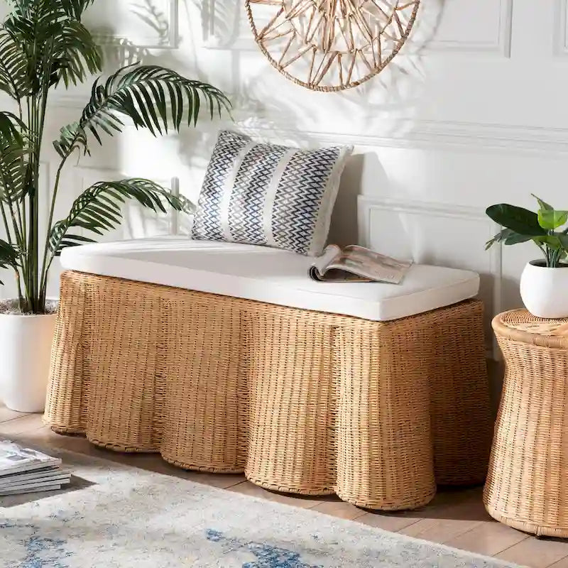 Pouf ottomano in rattan naturale Palm Scallop con cuscino - Panca in vimini intrecciata a mano per soggiorno o camera da letto, stile Boho costiero, rettangolare