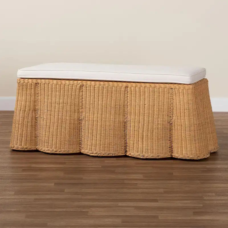 Pouf ottomano in rattan naturale Palm Scallop con cuscino - Panca in vimini intrecciata a mano per soggiorno o camera da letto, stile Boho costiero, rettangolare