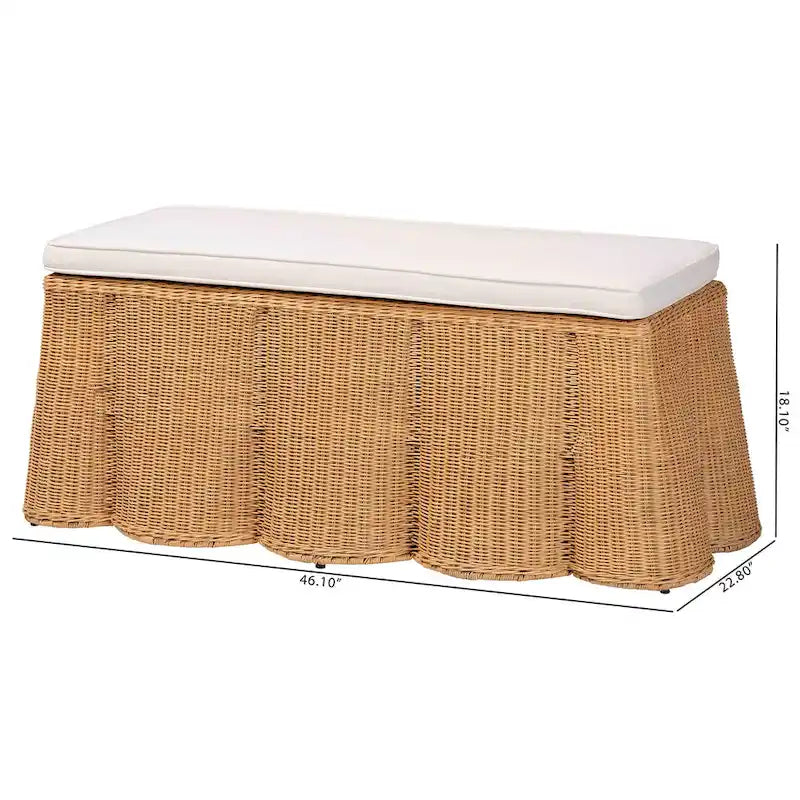 Pouf ottomano in rattan naturale Palm Scallop con cuscino - Panca in vimini intrecciata a mano per soggiorno o camera da letto, stile Boho costiero, rettangolare