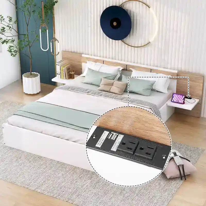 Letto a piattaforma Queen Size con testiera, cassetti, mensole, porte USB e prese di corrente