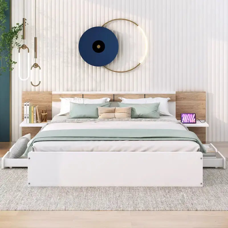 Letto a piattaforma Queen Size con testiera, cassetti, mensole, porte USB e prese di corrente