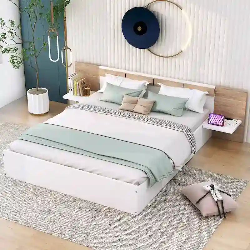 Letto a piattaforma Queen Size con testiera, cassetti, mensole, porte USB e prese di corrente