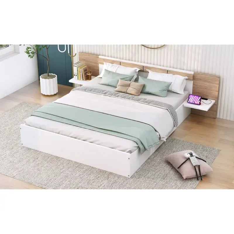 Letto a piattaforma Queen Size con testiera, cassetti, mensole, porte USB e prese di corrente