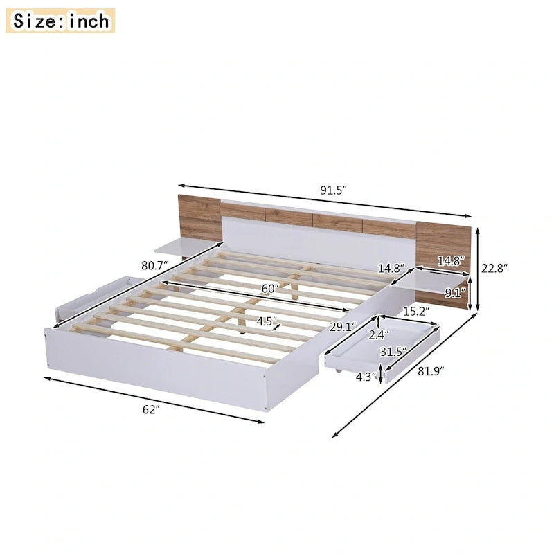 Letto a piattaforma Queen Size con testiera, cassetti, mensole, porte USB e prese di corrente