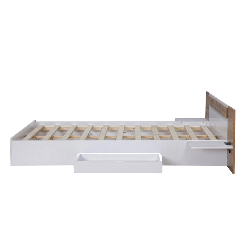 Letto a piattaforma Queen Size con testiera, cassetti, mensole, porte USB e prese di corrente
