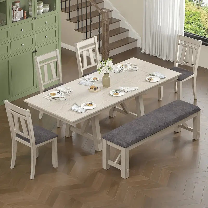 Set tavolo da pranzo VECELO con panca, tavolo da pranzo rettangolare allungabile in legno massello e sedie da pranzo in legno massello