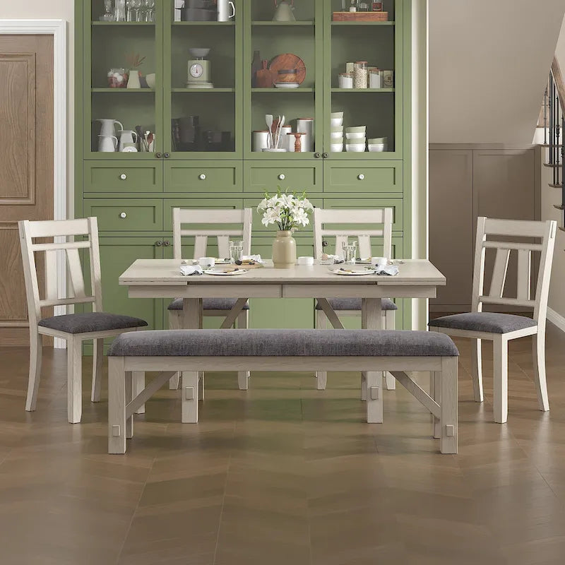 Set tavolo da pranzo VECELO con panca, tavolo da pranzo rettangolare allungabile in legno massello e sedie da pranzo in legno massello