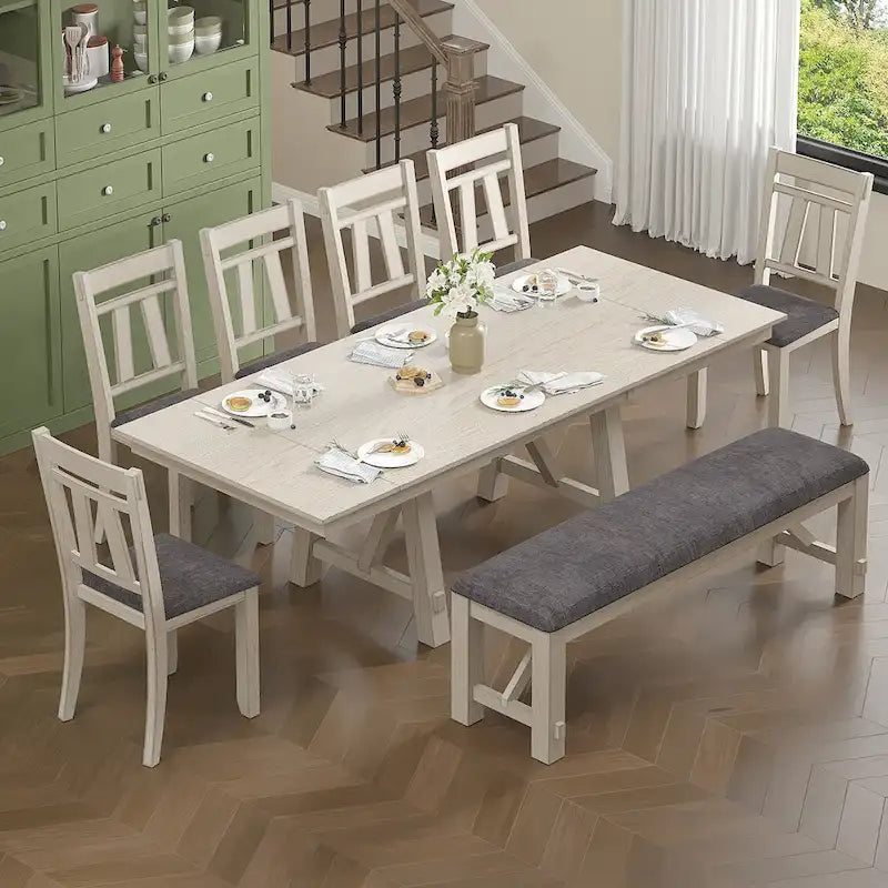 Set tavolo da pranzo VECELO con panca, tavolo da pranzo rettangolare allungabile in legno massello e sedie da pranzo in legno massello