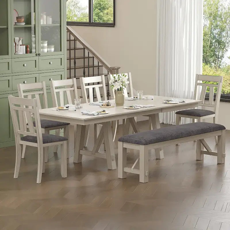 Set tavolo da pranzo VECELO con panca, tavolo da pranzo rettangolare allungabile in legno massello e sedie da pranzo in legno massello