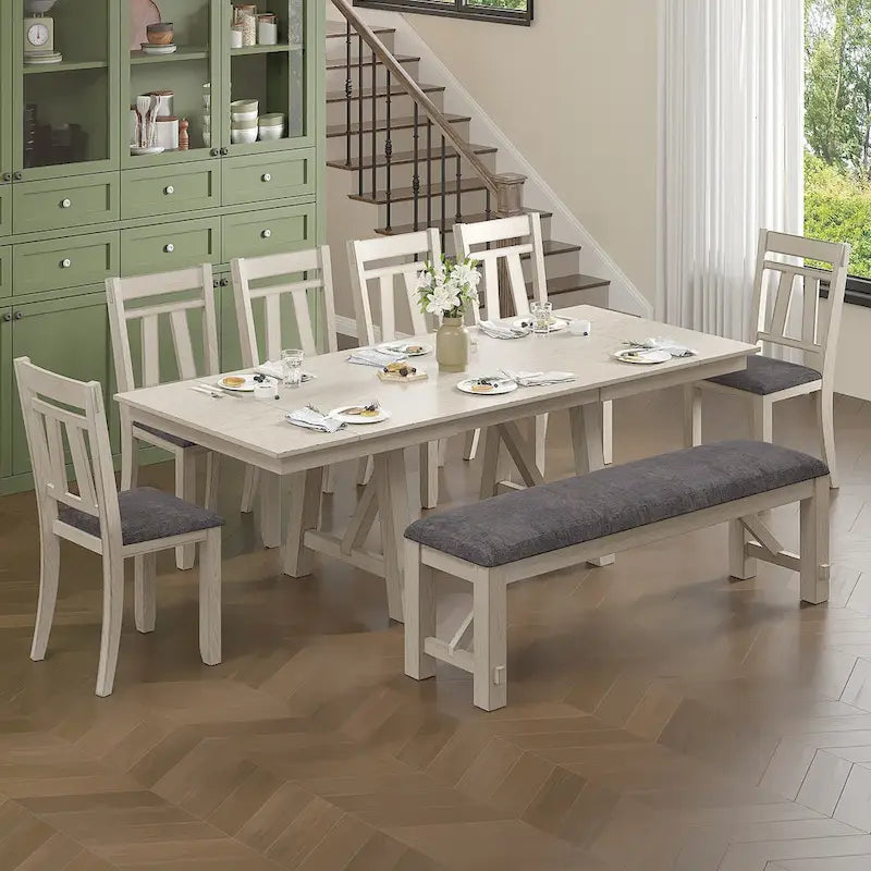 Set tavolo da pranzo VECELO con panca, tavolo da pranzo rettangolare allungabile in legno massello e sedie da pranzo in legno massello