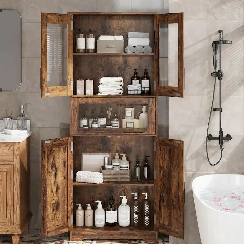 Mobile alto da bagno, armadietto portabiancheria con ante, ripiani regolabili e cassetto