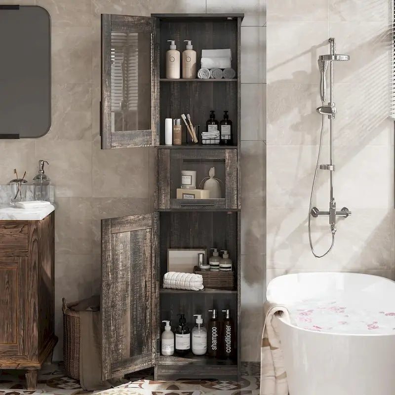 Mobile alto da bagno, armadietto portabiancheria con ante, ripiani regolabili e cassetto