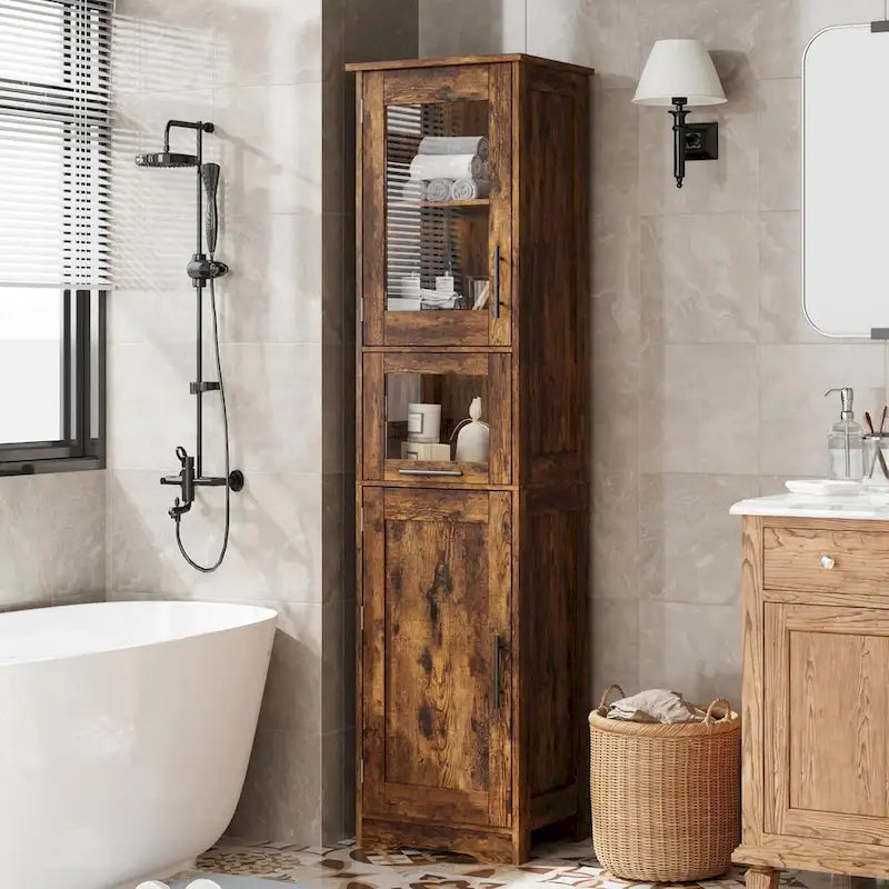Mobile alto da bagno, armadietto portabiancheria con ante, ripiani regolabili e cassetto