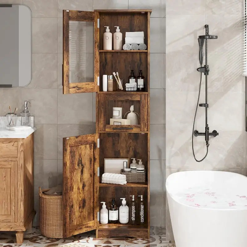 Mobile alto da bagno, armadietto portabiancheria con ante, ripiani regolabili e cassetto
