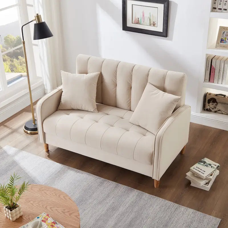 Divano di Design Moderno per Soggiorno, Divanetto per Piccoli Spazi, Rivestimento in Velluto Liscio, Trapuntato, Beige