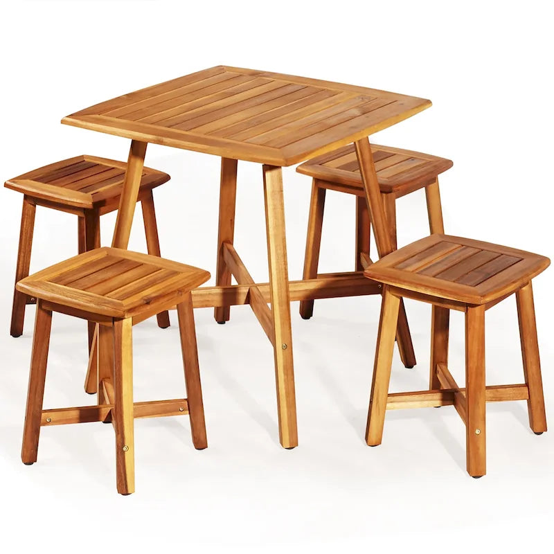 Set da pranzo da patio Costway 5 pezzi in acacia con tavolo quadrato e 4 sgabelli rossastri