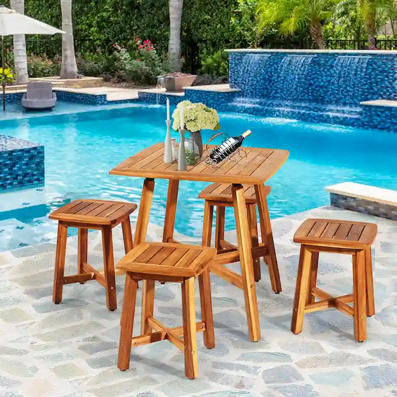 Set da pranzo da patio Costway 5 pezzi in acacia con tavolo quadrato e 4 sgabelli rossastri