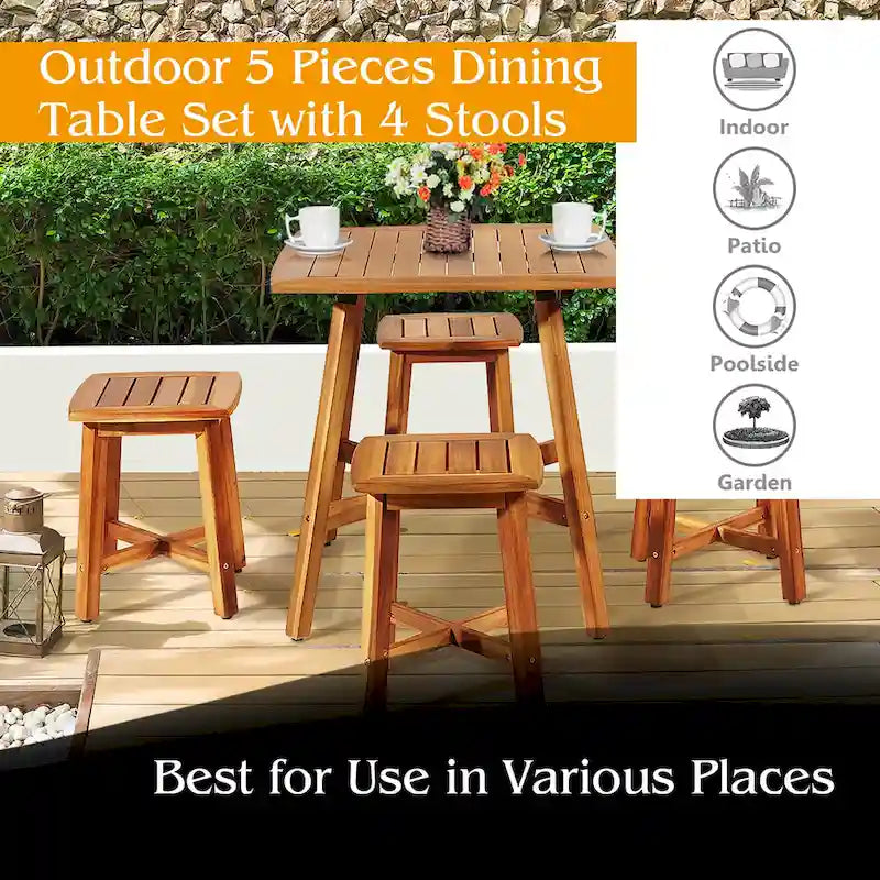 Set da pranzo da patio Costway 5 pezzi in acacia con tavolo quadrato e 4 sgabelli rossastri