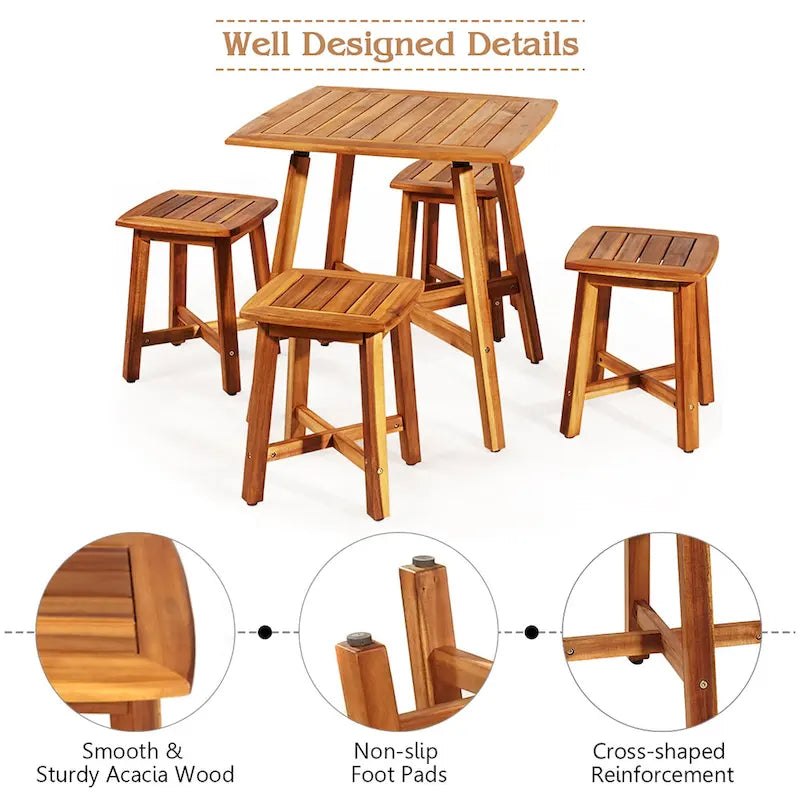 Set da pranzo da patio Costway 5 pezzi in acacia con tavolo quadrato e 4 sgabelli rossastri