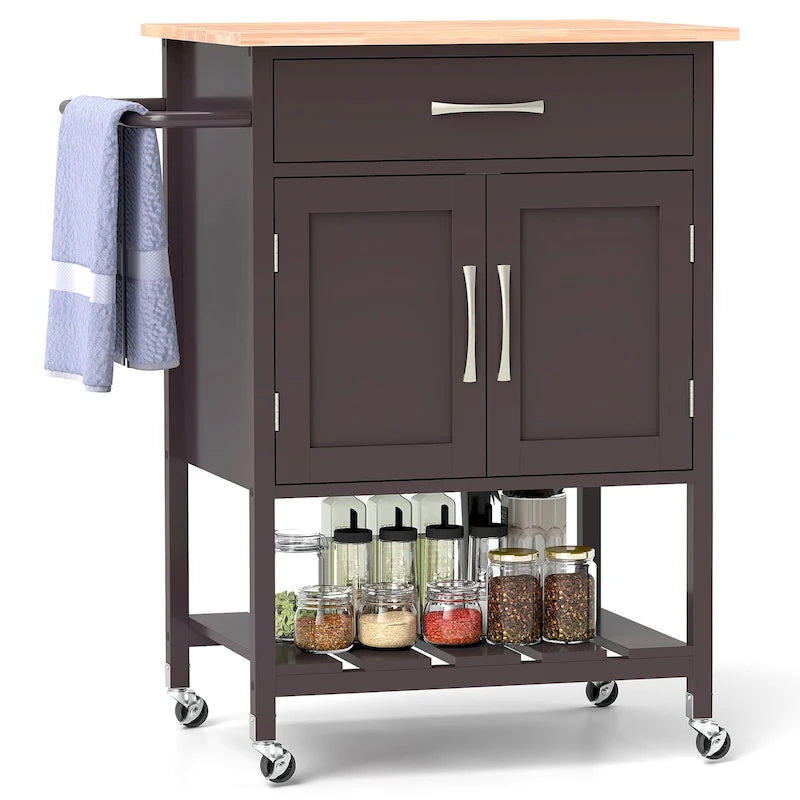 Chariot de cuisine roulant Gymax avec tiroir et armoire de rangement à 2 portes