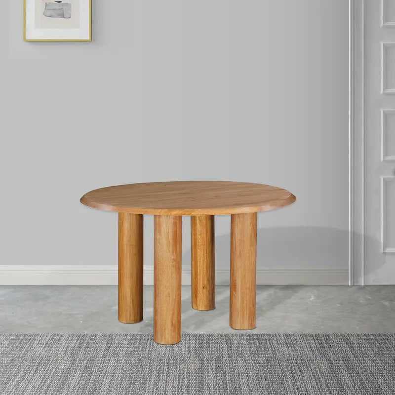 Tavolo da Pranzo, Piano Rotondo da 48 Pollici, Legno di Mango Marrone Naturale, 4 Gambe a Colonna