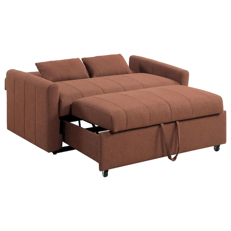 Divano letto a scomparsa Porta con materasso matrimoniale, Bouclé rame marrone, Cuscini, 152 cm