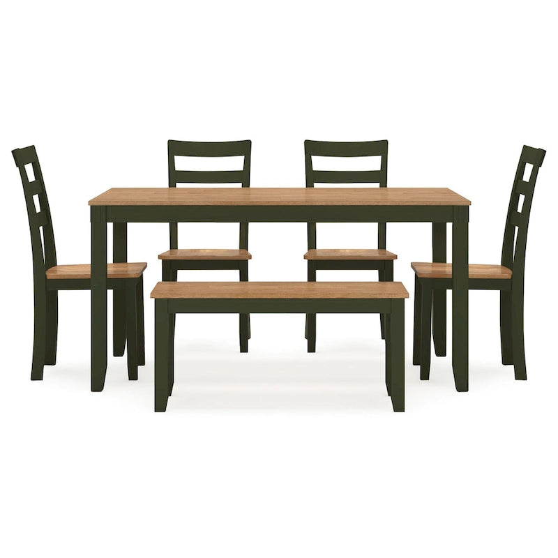 Set tavolo da pranzo Gasy con 4 sedie, 1 panca, legno verde scuro, marrone